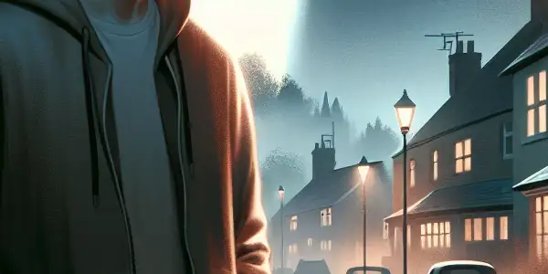 A tranquil suburban street at dusk with a solitary Asian man, hinting at underlying tension and suspense.