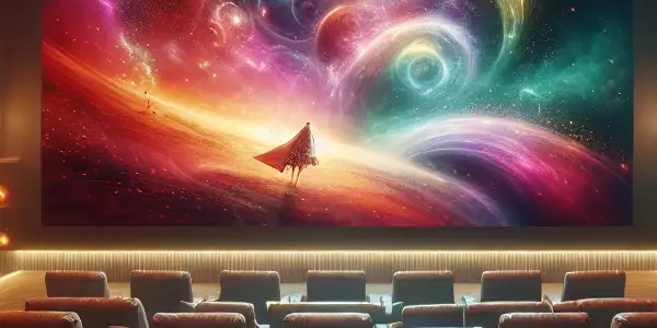 A cozy, luxurious home theater with plush recliners, a large screen, ambient lighting, and decorative movie elements.