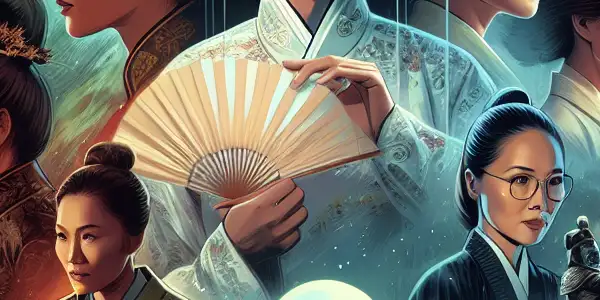 A dynamic montage of Fan Bingbing in iconic roles, showcasing her glamorous costumes and emotional expressions across diverse film settings.