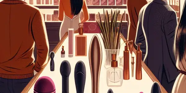 A sophisticated adult boutique with diverse shoppers exploring high-quality intimacy products in a warm, inviting atmosphere.