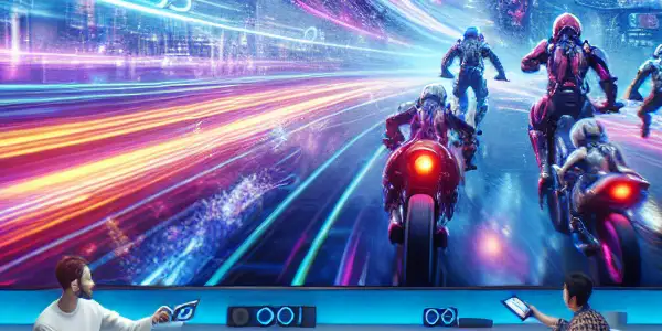 A vibrant, futuristic living room filled with diverse people enjoying high-tech devices and immersive media experiences.