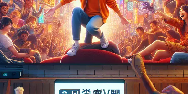 A cozy home theater scene with friends enjoying movies, surrounded by vibrant posters and snacks.