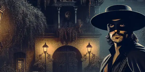A heroic masked figure in vintage Zorro attire stands against a moonlit Spanish villa, exuding suspense and romance.