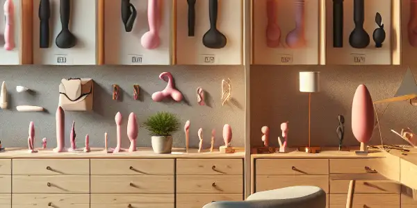 A modern adult toy store interior, featuring elegant displays, warm lighting, and a welcoming consultation area.