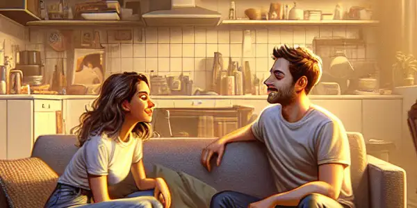 A cozy urban living room with a man and his sister-in-law sharing a lighthearted conversation, surrounded by personal items.