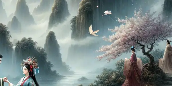 A romantic scene of a couple in Hanfu amidst misty Wushan mountains and cherry blossoms, conveying deep emotions.