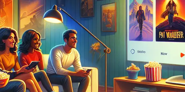 A cozy living room with friends enjoying a movie night, featuring a large TV and snacks.