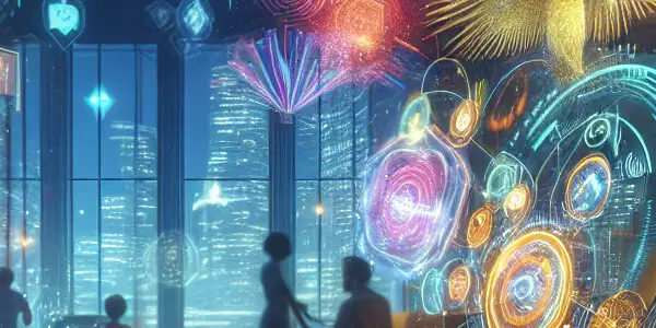 A user immersed in a futuristic virtual reality experience, surrounded by vibrant visuals and subtle Western-themed elements.