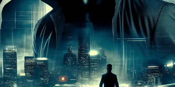 Aaron Cross in an intense action pose against a moody cityscape, highlighting espionage and government conspiracy.