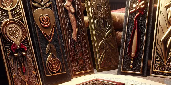 A collection of luxurious adult bookmarks displayed on a vintage table with books and a cozy reading nook.