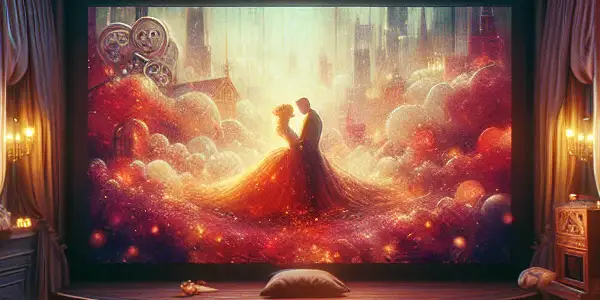 Luxurious home theater with plush seating, large screen, ambient lighting, popcorn, wine, and cozy decor for an intimate movie night.