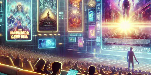 A futuristic home theater filled with movie posters, featuring a user browsing films with a holographic interface.