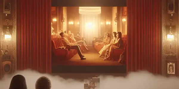 A vintage cinema scene with plush red seats, ornate decor, and patrons in 1970s attire enjoying a suggestive film.