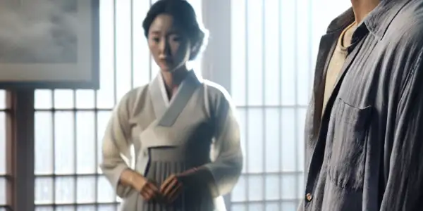 A tense moment in a dimly lit Korean living room, featuring a conflicted young man and a longing woman.