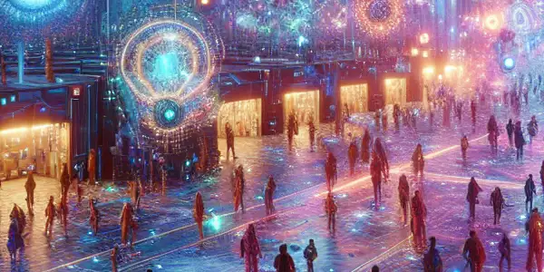 A vibrant, futuristic digital world filled with neon-lit abstract shapes and playful figures.