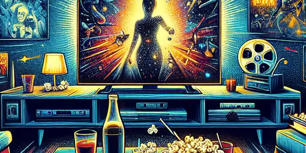 A cozy living room with a large TV displaying diverse movie posters, popcorn, and warm lighting for a movie night.