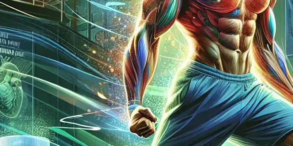 A confident athletic man exercises in a vibrant gym, showcasing strength and vitality with energetic visual elements.