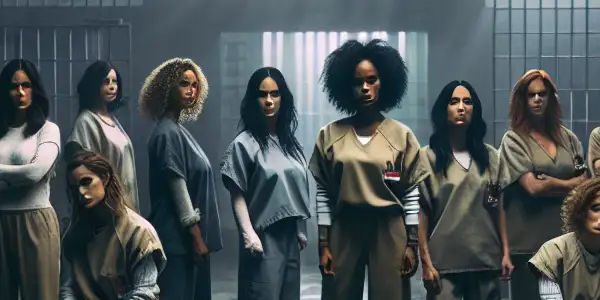 A group of diverse female inmates in a stark prison, showcasing strength, vulnerability, and camaraderie amidst oppressive surroundings.