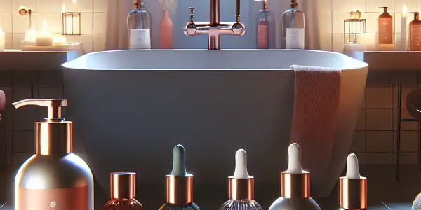 A modern bathroom scene featuring elegant lubricant bottles, warm lighting, and intimate decor elements like candles and plush towels.