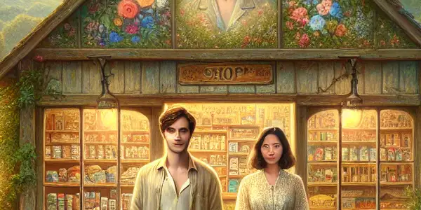 A charming small shop in a picturesque village, with two young characters radiating warmth and nostalgia.