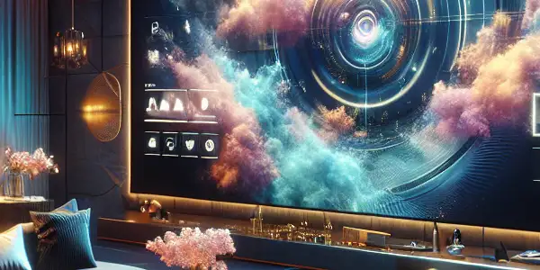 A modern, cozy room featuring high-tech devices and a comfortable sofa, creating an inviting atmosphere for adult entertainment.