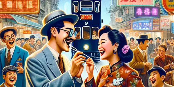 A lively 1970s Hong Kong street scene with comedic characters, neon signs, and bustling activity.