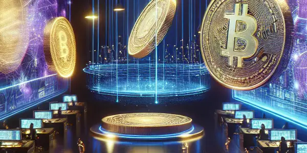 A futuristic control room showcasing glowing gold coins as digital currency in an advanced adult entertainment platform.