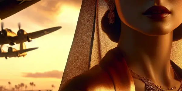 A mysterious female spy in a 1940s outfit amidst a dramatic World War II backdrop with vintage planes.