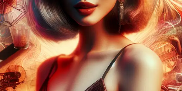 A charismatic young woman resembling Shu Qi stands at a film festival, surrounded by vintage cameras and iconic film posters.