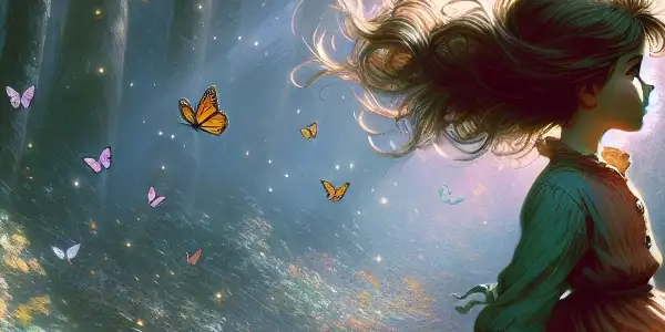 A brave young girl in a whimsical dress stands at a forest's edge, surrounded by butterflies and ethereal light.