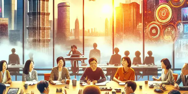 A lively meeting of Chinese and foreign filmmakers in a modern conference room, showcasing cultural exchange and collaboration.