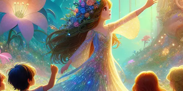 A vibrant fairy world with an adventurous girl and her friends amidst colorful flowers and looming shadows.