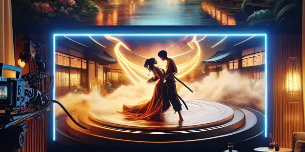 A luxurious Japanese film studio scene featuring a passionate interaction between two actors on a high-definition screen.