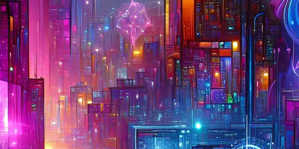 A vibrant, futuristic cityscape with neon lights and holographic displays depicting themes of romance and passion.