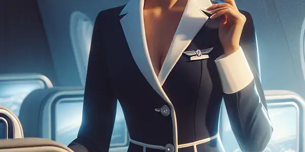 A stylish flight attendant interacts with passengers in a luxurious airplane interior, surrounded by soft lighting and a clear sky.