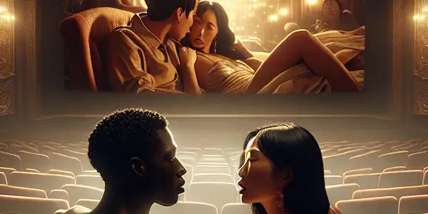 A couple shares an intimate moment in a dimly lit movie theater, captivated by romantic scenes on screen.