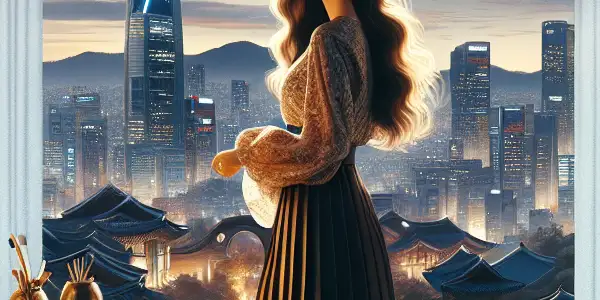 A sophisticated young woman in elegant fashion stands by a window with a cityscape, surrounded by Korean decor.