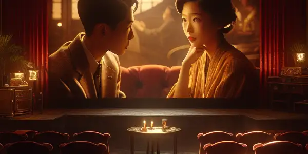 A dimly lit film screening room with plush red seats, featuring two characters in a heartfelt conversation on screen.