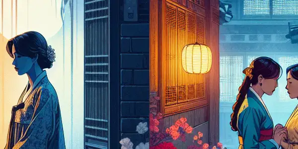 A split-scene depicting a shadowy figure by a window and two women sharing an intimate gaze in a lush garden.