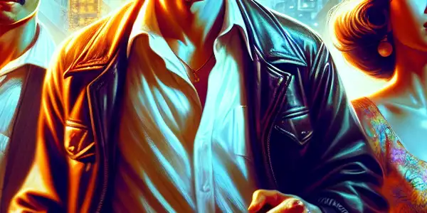 Three charismatic characters in a dynamic heist scene on a neon-lit Hong Kong street, filled with adventure and intrigue.