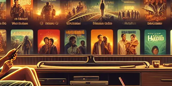 A cozy living room with a couple enjoying a movie on a large TV, surrounded by popcorn and drinks.