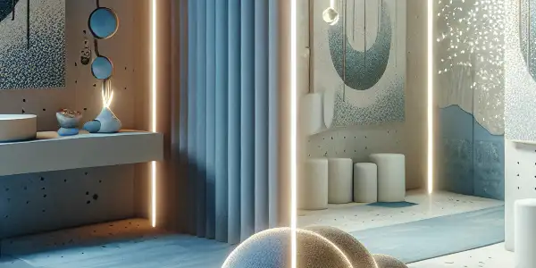 A modern, minimalist room with a high-tech screen displaying abstract adult film art, emphasizing cleanliness and privacy.