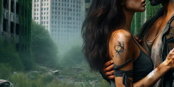 A couple embraces in a post-apocalyptic urban landscape, surrounded by nature's reclamation and hints of danger.