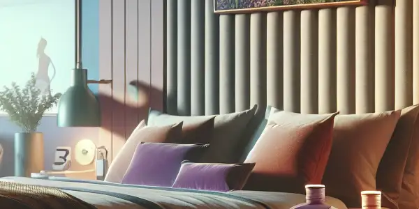 A cozy bedroom setting with elegant lubricants, soft lighting, and a romantic AV scene in the background.