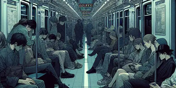 A crowded subway train scene with diverse passengers, highlighting tension and intrigue in a dimly lit atmosphere.