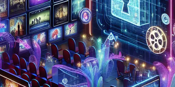 A futuristic room with high-tech devices displaying vibrant adult film thumbnails, emphasizing privacy and security.