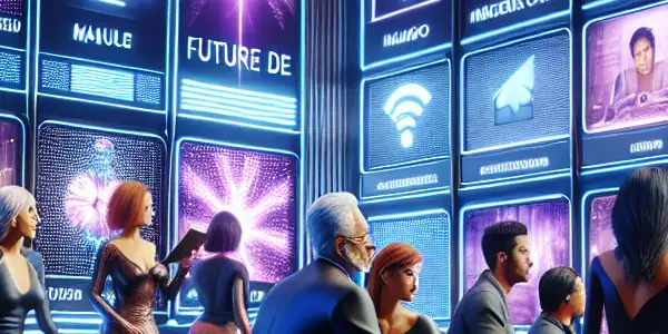 A diverse group of people exploring a futuristic digital library filled with glowing screens of adult content.