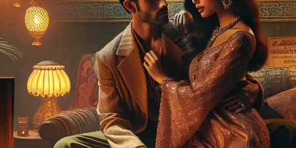 A stylish couple shares a tender moment in a vintage-inspired room filled with nostalgic decor and warm lighting.