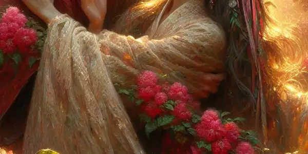 A couple embraces in a blooming spring garden, surrounded by red crabapple flowers at sunset.