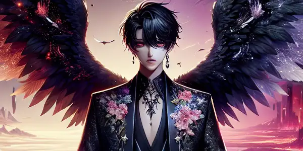 A fallen angel Lucifer in a mysterious, ethereal landscape, surrounded by shadows and contrasting heavenly and hellish elements.